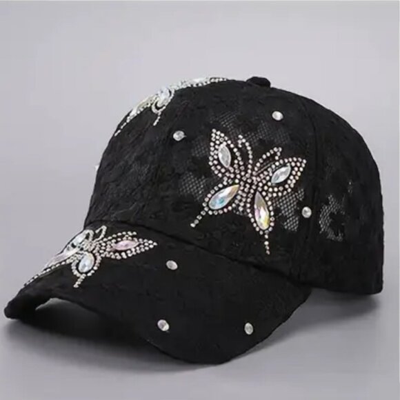 WOMENS BLACK BLING RHINESTONE BUTTERFLY BASEBALL CAP - Picture 1 of 6